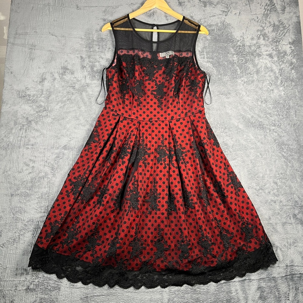 Missmay Retro Gorgeous Dress Women Large Red Black Polka Dot Lace Floral Pleated